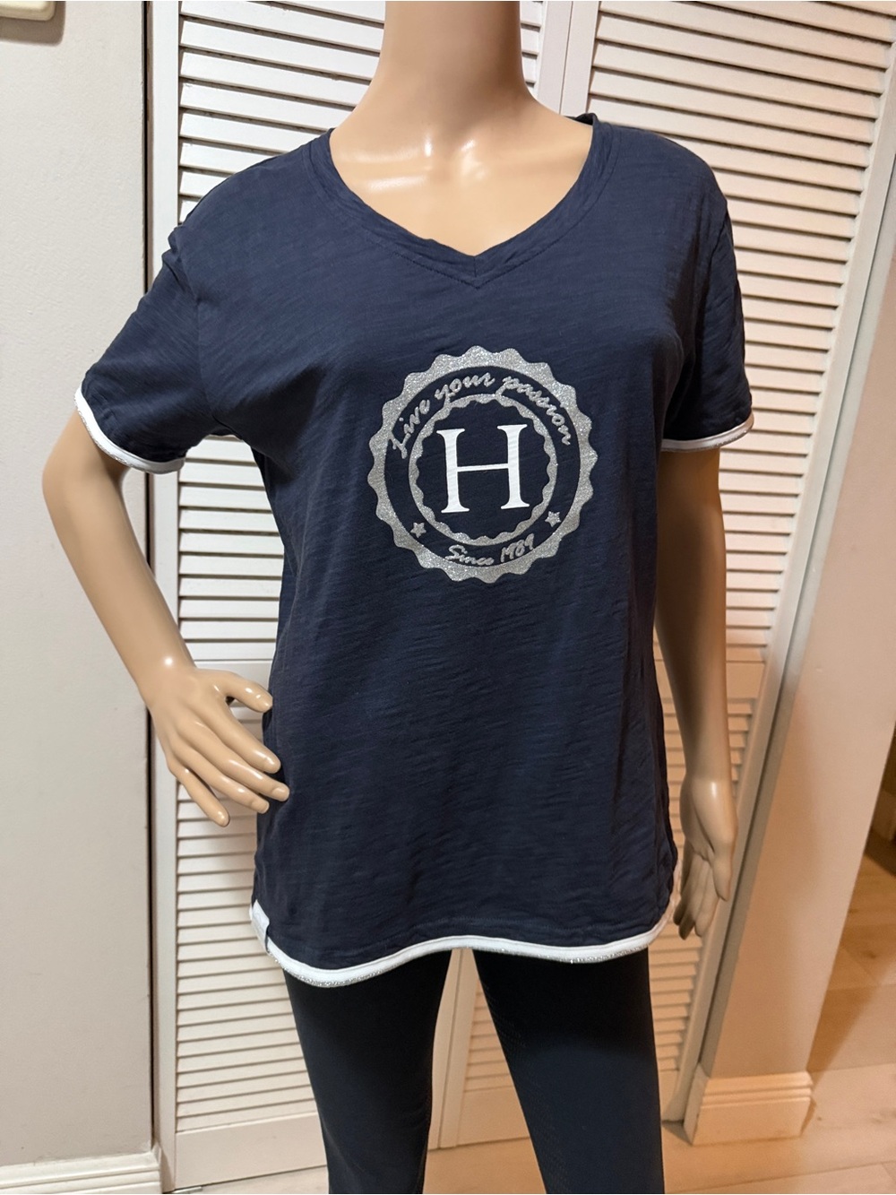 Harcour France Navy V Neck Equestrian Shirt Silver Trim Logo Riding Top